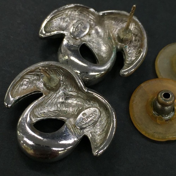 GIVENCHY Logo Silver Tone Metal Earrings Stud Vintage Chunky Wave authentic - Picture 8 of 12